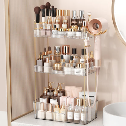 Weidace Bathroom Counter Organizer for Vanity, Makeup Organizer Countertop with Holder, Large Capacity Storage Rack, Perfect Large Skincare, Hair Care, Perfume, Easy to Install (Clear, 3Tiers)