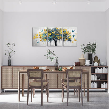 jejeloiu Blue Golden Tree Canvas Wall Art for Living Room Bedroom 12"x16"x3pcs Butterflies Picture Wall Decor for Bathroom Natural Scenery Office Decorations Artwork Posters Oil Painting Painting