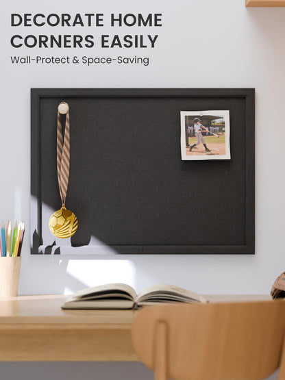 Fluxynara Foldable Cork Board Alternative, Felt Bulletin Board 23.6" x 17.5" Black Frame with 12 Adhesive Tabs, Pin Board for Home Office, Classroom, Entryway, Kitchen Wall Decor—Black