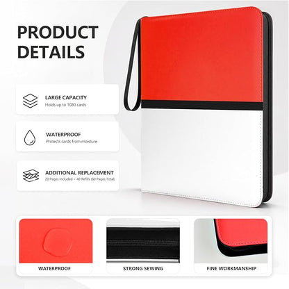 9 Pocket Trading Card Zip Binder - Holds 1080 Cards, 60 Pages Large-Capacity,Double-Sided Removable Sleeves, Suitable for Game Cards/Sports Cards Storage,Red White