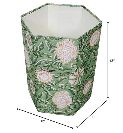 Generic 3.3 Gallon Cotton Hand Block Printed Paper Waste Basket |Small Decorative Trash Can for Housewarming Gifts in Living Room, Bedroom, Bathroom | Eco-Friendly, Plastic-Free (1, GREEN GE.)