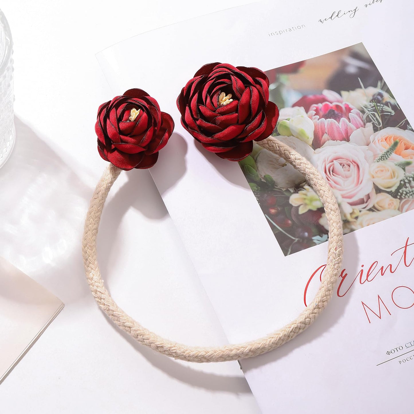SUQ I OME 2 Pieces Handmade Artificial Christmas Red Flower Curtain Holdbacks,Curtain Tiebacks Clips Creative Window Drape Twist Tie Backs for Christmas Decorative Draperies Holdbacks (Wine Red)