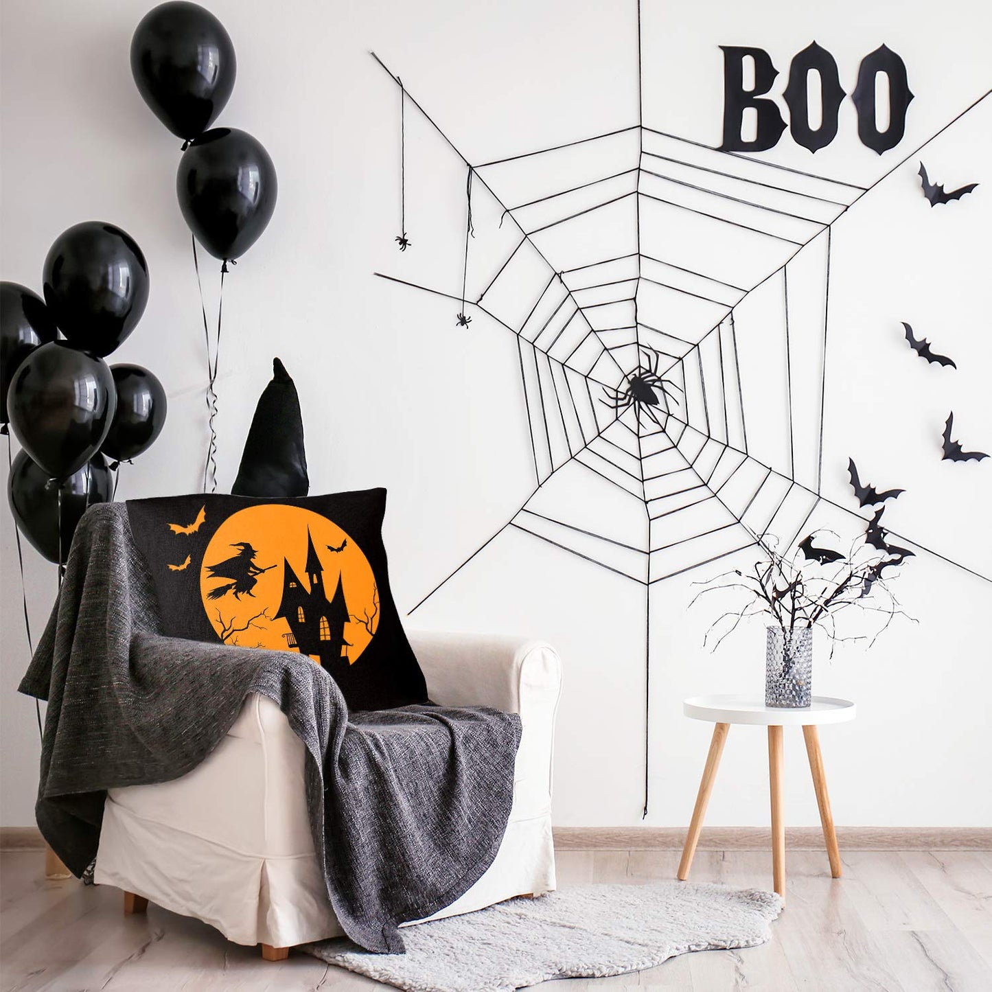 Whaline Halloween Pillow Case Large Orange and Black Pillow Cover 20" x 20" Happy Halloween Spider Ghost Pumpkin Linen Sofa Bed Throw Cushion Cover Decoration for Home Office, 4pcs