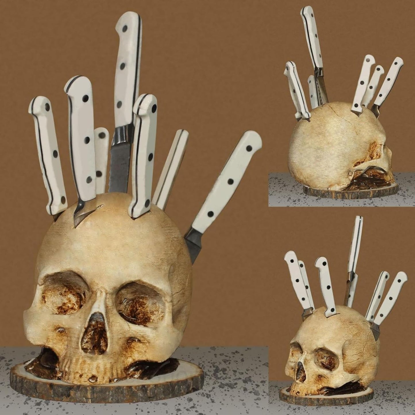 Skull Knife Holder for Kitchen: A Skeleton Knife Stand Doubling as Horror - Themed Kitchen Storage Head Rack. Ideal for Scary Party Decor, 15CM/5.9IN, Beige