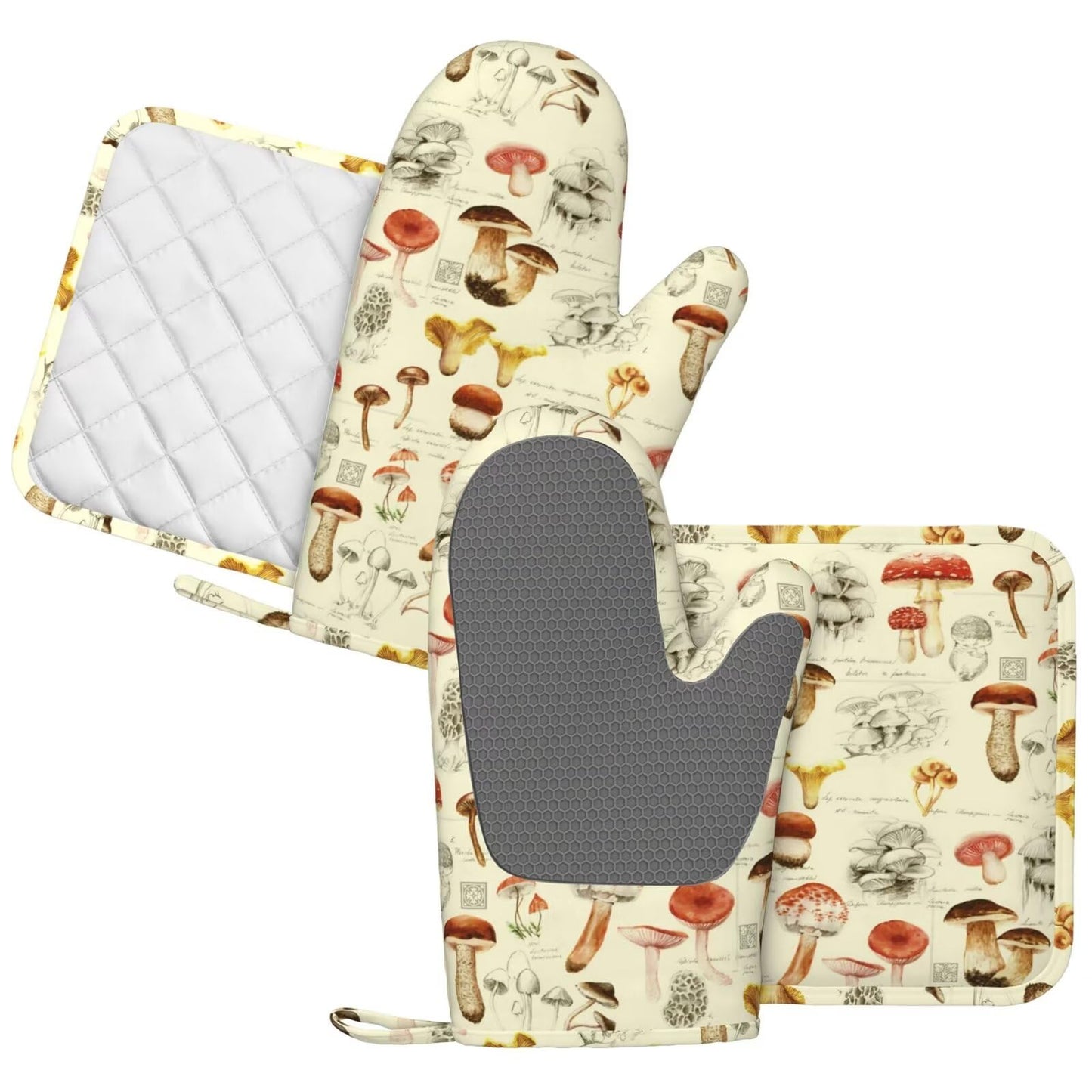 MIFSOIAVV Mushroom Oven Mitts and Pot Holders Sets Silicone Vintage Mushrooms Kitchen Mitts Potholders Heat Resistant 4Pcs Oven Gloves Hot Pads for Kitchen Baking Cooking BBQ Grilling