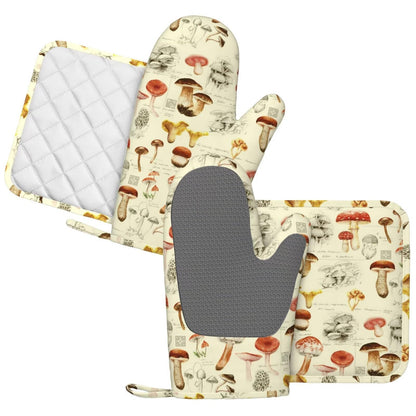 MIFSOIAVV Mushroom Oven Mitts and Pot Holders Sets Silicone Vintage Mushrooms Kitchen Mitts Potholders Heat Resistant 4Pcs Oven Gloves Hot Pads for Kitchen Baking Cooking BBQ Grilling