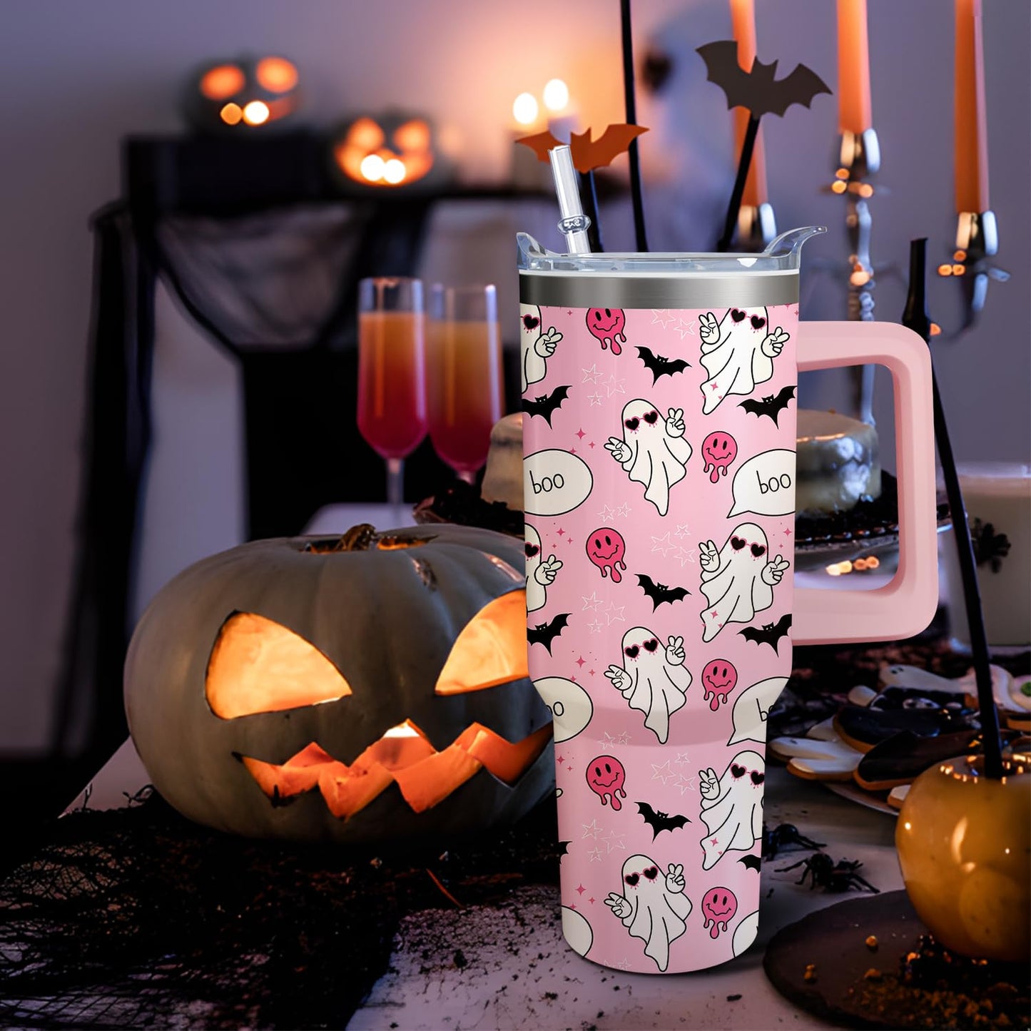 Kearscupra 40oz Cute Ghost Halloween Tumbler With Handle and Straw,Gifts for Women Spooky Pink Bat Melting Smile Face Coffee Mug Water Bottle, Stainless Steel Insulated Cup