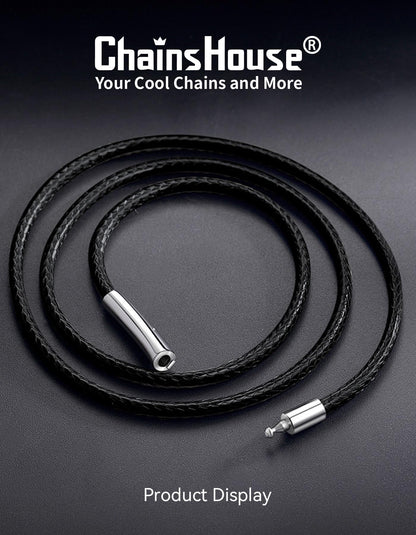 ChainsHouse Mens Leather Necklace, 20 Inches 3MM Black Rope Cord with Stainless Steel Clasp, Waterproof Braided Leather Chain for Pendant Gift Ready