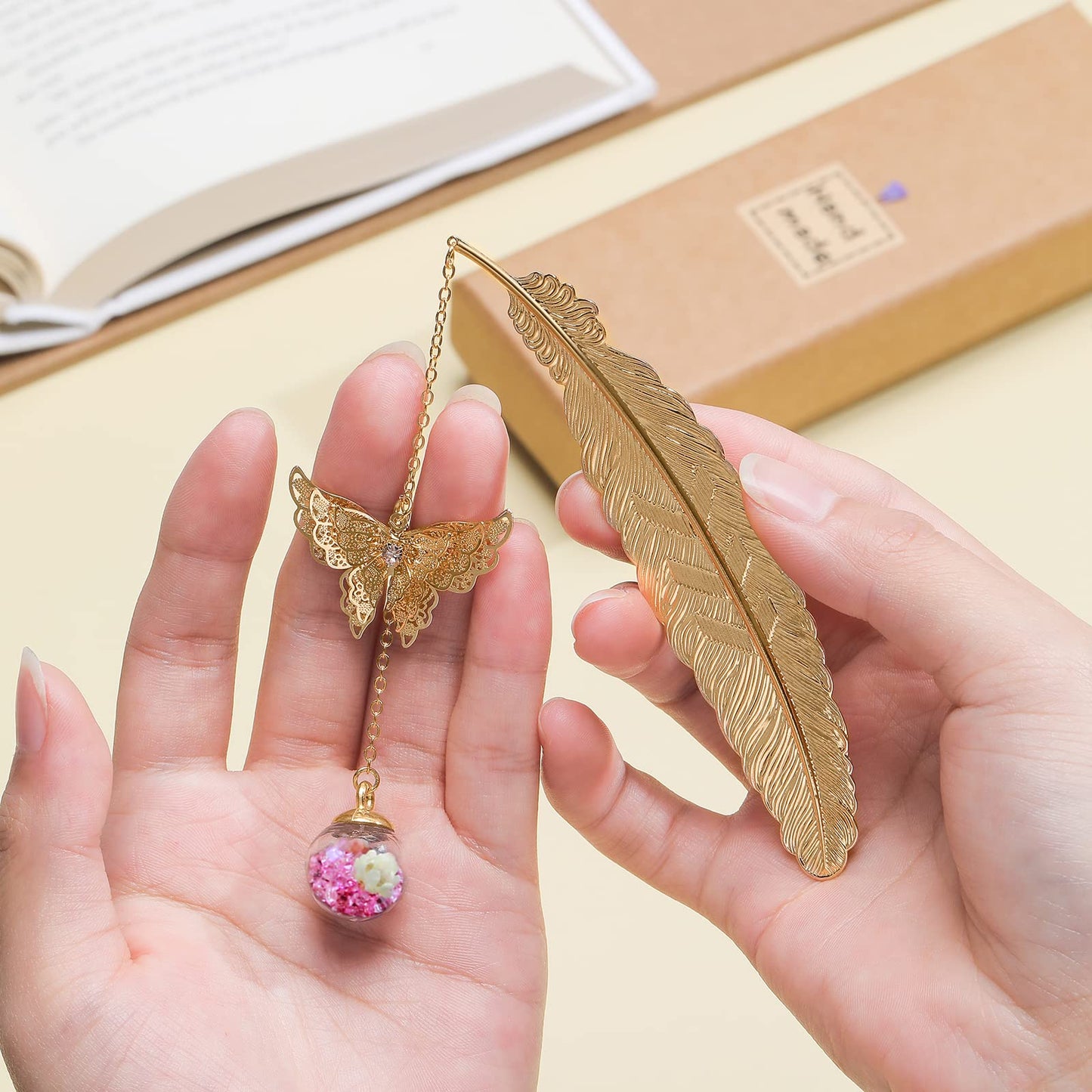 Vintage-Style Metal Feather Bookmark with Butterfly Charm Mothers Day Gifts