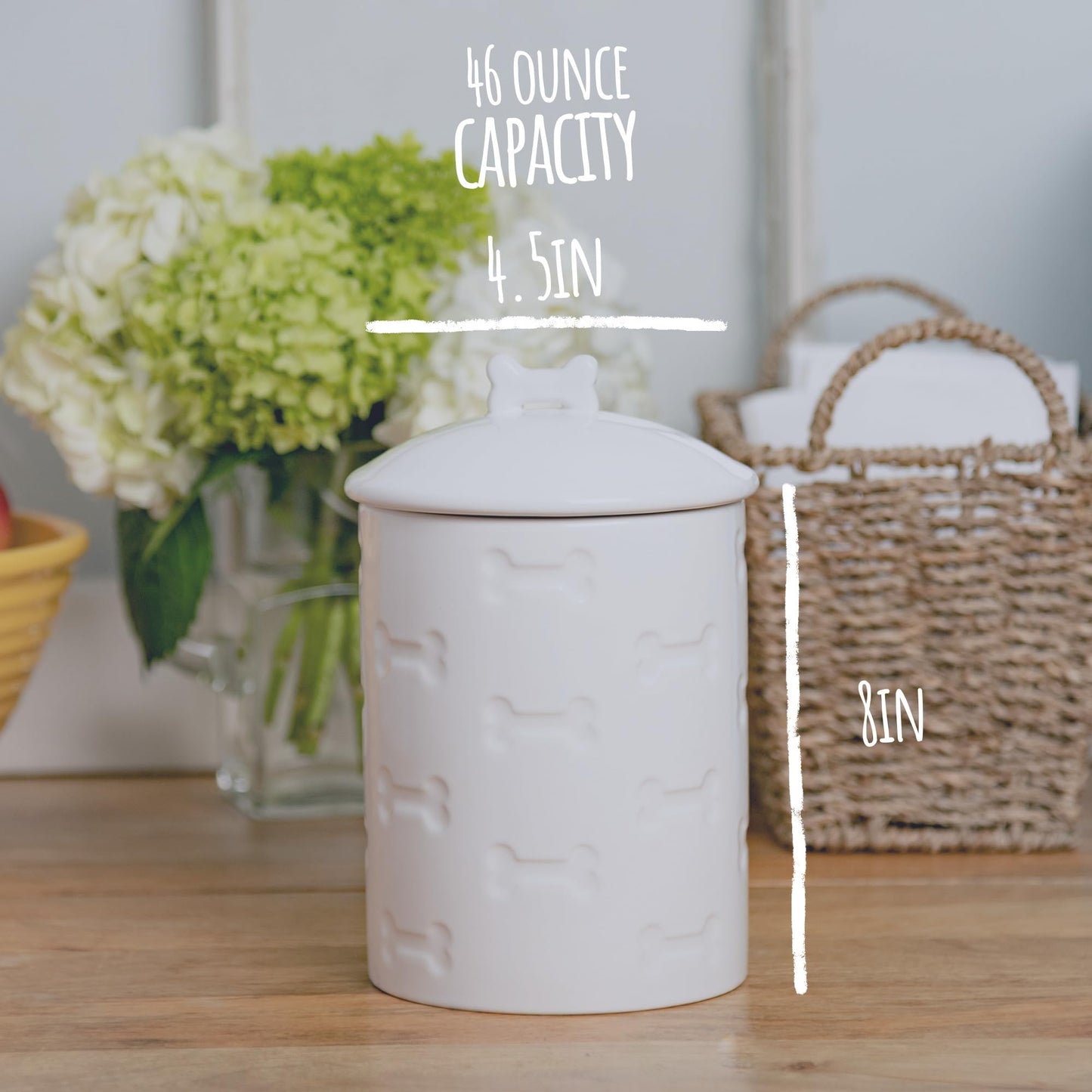 Park Life Designs Ceramic Treat Jar, Kitchen Countertop Container for Dogs, Cats, Puppies and More, Chic Container with Airtight Lid for Cookies, Biscuits and Treats (Manor) (Bones, White, 1.4 Qt)