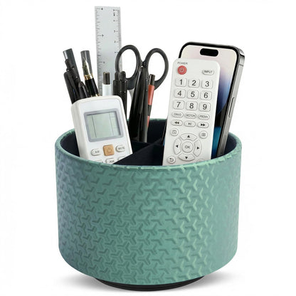 QIELIZI Round Leather Art Supply Organizer,Remote Control Holder,360 Degree Rotating,Multi-Functional Pencil Holder,4 Compartments Desktop Stationary Organizer(1-Triangle Green)