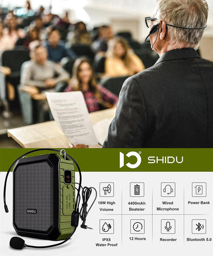 SHIDU Voice Amplifier for Teacher with Portable Microphone and Speaker, 18W Megaphone with Wired Mic Headset, IPX5 Waterproof & Rechargeable Bluetooth Speaker Systems for Tour Guide (NOT Wireless)