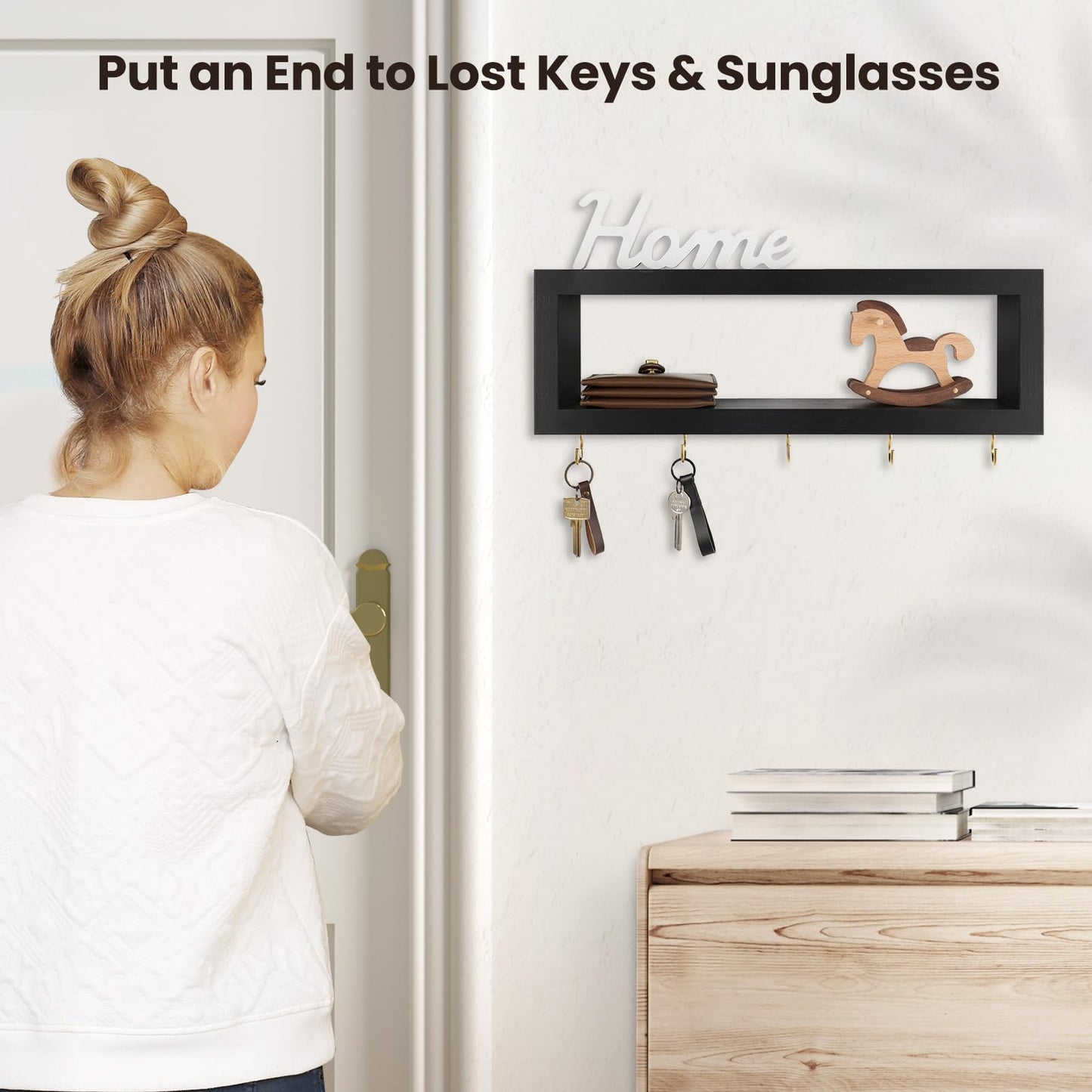 Lwenki Wall Shelf with Hooks - Decorative Key and Wallet Holder for Wall Holds Sunglasses, Leashes, Scarves and Lanyards - 15.7" x 5.1" x 2.9" Entryway Organizer Made of Paulownia Wood (Black)