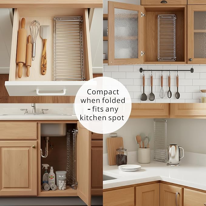 Collapsible Dish Drying Rack, 304 Stainless Steel Foldable Dish Rack for RV Camper Travel Trailer Boat, Folding Dish Drainer with Absorbent Mat, Compact Space Saving Kitchen Organizer, Silver