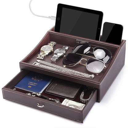 Baoyun Fathers Day Nightstand Organizer for Men, Mens Jewelry Box, Mens Dresser Organizer Countertop, Large Capacity Leather Valet Tray for Phones Pad Wallet Key Birthday Gifts for Men