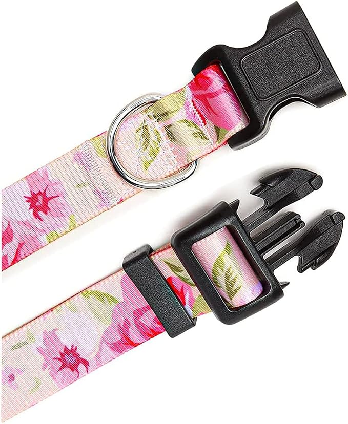 Mihqy Dog Collar and Leash Set with Bohemia Floral Tribal Geometric Patterns - Soft Ethnic Style Collar Adjustable for Small Medium Large Dogs(Pink Rose Set,XS)