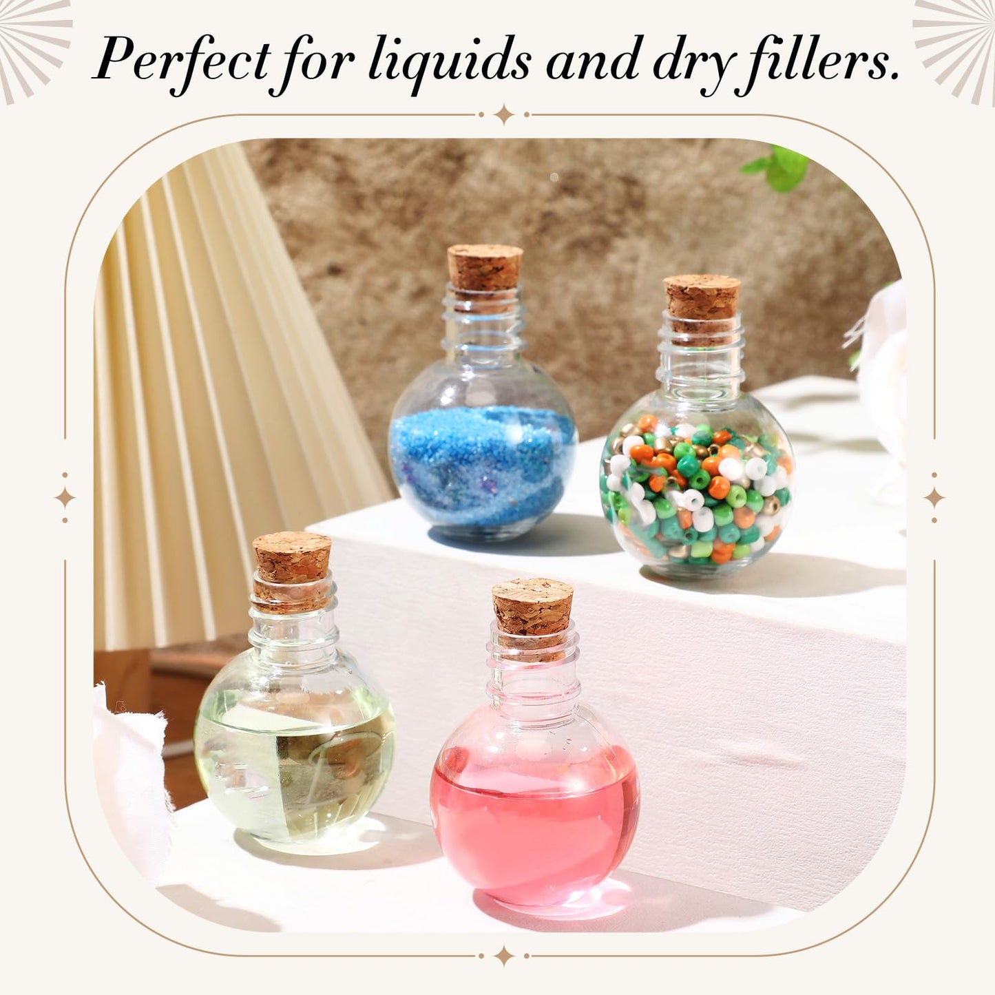 Bokon 50 Pack 1oz Plastic Mini Potion Bottles with Corks, Small Sand Art Jar Tiny Clear Liquor Bottles Bulk Wishing Vial for Birthday Halloween Valentines Party Favor DIY Craft