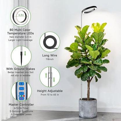 Aokrean 6.3in Grow Light, 80LED Growing Light Full Spectrum for Indoor Plants, Auto Timer 6/12/16H, 3 Optional Spectrums, Height Adjustable 10"-65", Idea for Large Plant, 5V, Black, 3 Pack