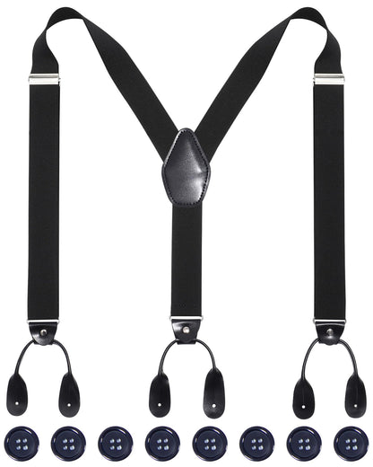 Kajeer Mens Adjustable Button End Suspenders - Y-Back Elastic Tuxedo Suspenders with Heavy Duty Leather Buttons End (Black)