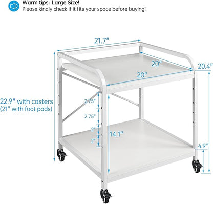 Fannova 20 Inches Deep Large Printer Stand, 2 Tier Under Desk Printer Table with Height Adjustable Shelf, Rolling Printer Cart with Wheels for Home Office Storage - White