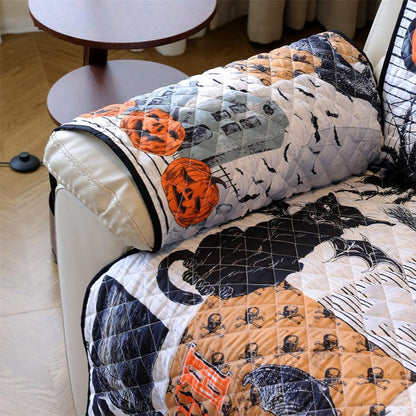 Cmfshape Halloween Skidproof Sofa Cover-Festival Sofa Slipcover with Elastic Straps-Easy Fit Slip Cover-Patchwork Washable Furniture Protector for Pets and Kids(Recliner,Black&Orange)