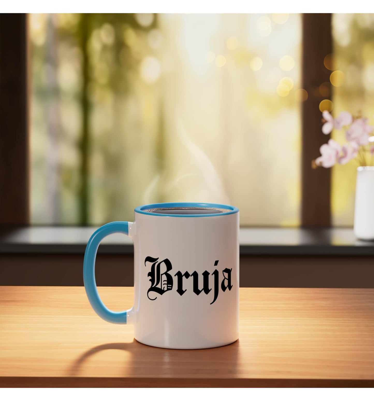 Bruja Gothic Script Latino Halloween Women Spooky Witch Ceramic Mug, Blue/White