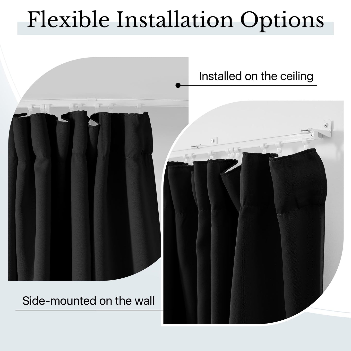 RYB HOME Room Divider Curtains with Flexible Bendable Track, Heavy Duty Blackout Privacy Drape Set for Curved Bedroom/Living Room Bay Windows/RV/Corner Partition, W100xL84, Black, 1 Panel