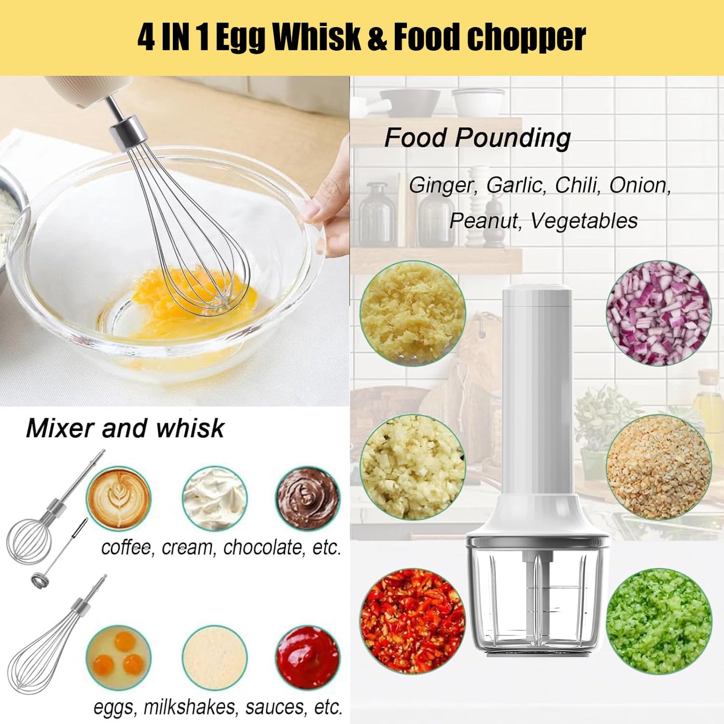 4-in-1 Electric Hand Mixer, Electric Whisk, Mini Onion Chopper 10Oz, Small Cordless Hand Blender, Milk Frother Wand for Coffee, Matcha, 4 Speed Rechargeable Food Processor for Baby Food Maker