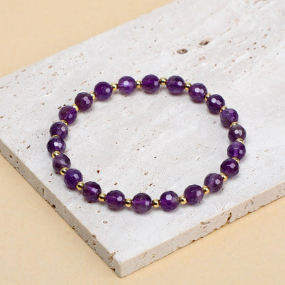 QOGIR Amethyst - Stone of Calmness - 14K Gold Plated Beads Natural Gemstone Stretch Elastic Dainty Healing Beaded Bracelets Gifts 6mm