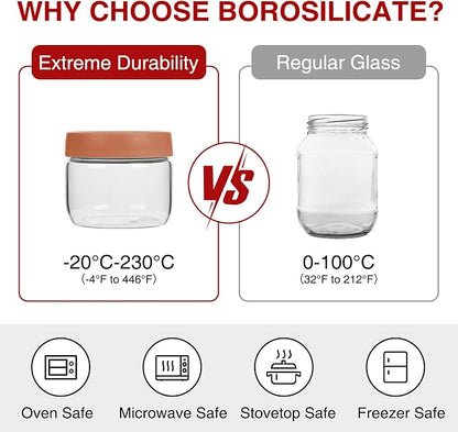 6 Pack 10oz Borosilicate Glass Jars with Lids – Fits 1 Cup Recipes and Toppings – Freezer to Oven Safe (-4°F to 446°F) Meal Prep Containers for Chia Pudding, Overnight Oats, Yogurt