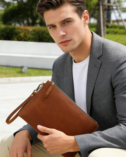 Inkfew Genuine Leather Wristlet for Women and Men, Leather Clutch Business Briefcase Tablet Sleeve Bag with Zip Closure