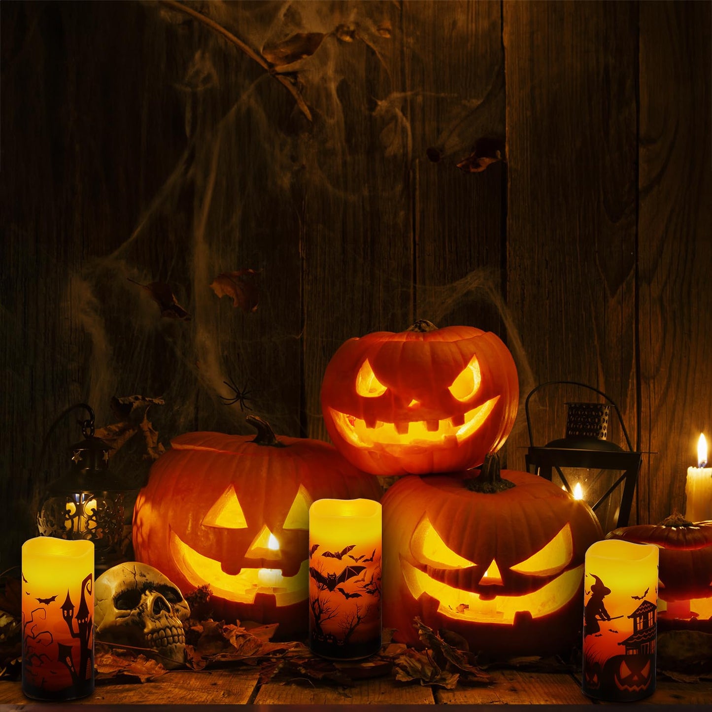Hbaushun Halloween Flameless Candles 3 Pack with 6 Hour Timer,Battery Operated Real Wax LED Pillar Flickering Candles Warm Light with Castle, Witch, Bats Decal Halloween Decorations Candles