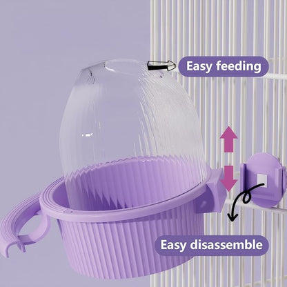 No Mess Bird Feeder for Cage, Parakeet Feeder with Easy Refill Top Hole, Semi Enclosed Dome Design for Food or Water, Prevents Seed Scatter, PC+ABS, Purple (6.5 x 4.9 x 5.4 in)
