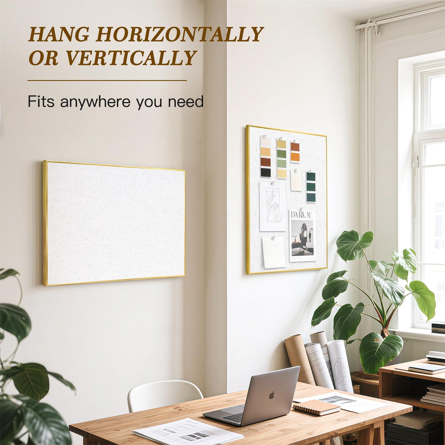 QUEENLINK Linen Bulletin Board 24 x18 Inches, White Pin Board Vision Board, Gold Aluminum Framed Fabric Cork Board for Home Office Wall Decor, 10 Push Pins