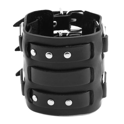 HZMAN Men's Alloy Ring Genuine Leather Bracelet Bangle Cuff Silver Tone Adjustable (Black)
