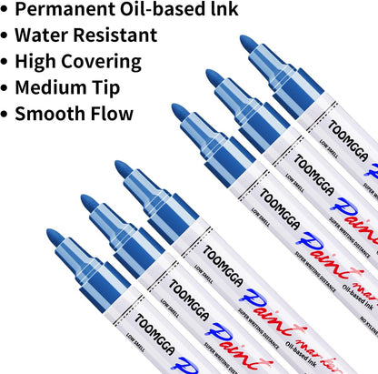 Permanent Paint Pens Blue Paint Markers 6 Pack Oil Based Markers, Quick Drying and Waterproof Marker Pen, Car Tire, Metal, Rock Painting, Wood, Plastic, Canvas, Craft Supplies for Adults