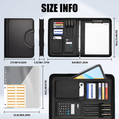 NATISERAUM Portfolio Binder 3 Ring Includes Pen and 5 Dividers with 10 Pockets, Padfolio Organizer with Magnetic Handle for Men and Women, Includes A4 Notepad for Business, School, Work