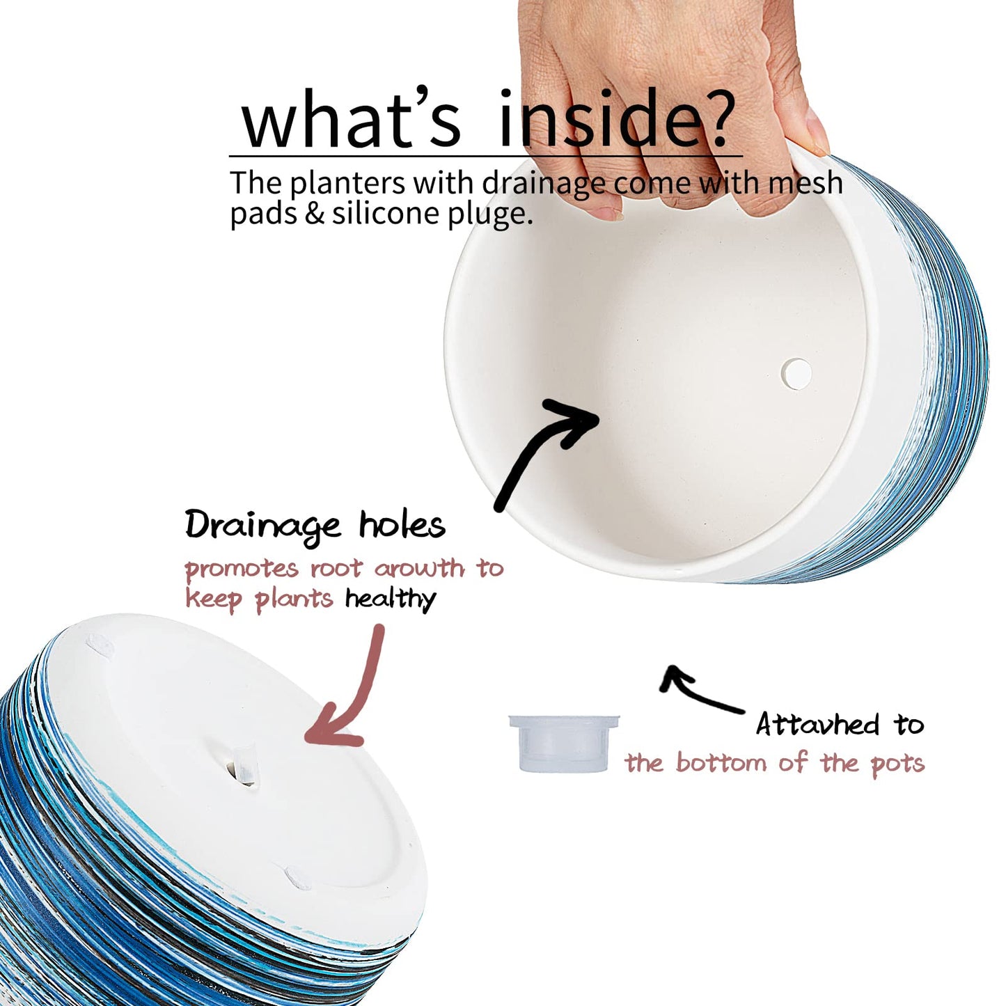 KingZiYu White Ceramic Plant Pots 5.1+4.3+3.7 inch Hand-Painted Small Flower Pot Set of 3 Planters with Drainage Hole and Plug Used for Indoor Plants and Other Outdoor Garden-Blue