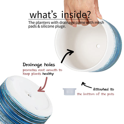 KingZiYu White Ceramic Plant Pots 5.1+4.3+3.7 inch Hand-Painted Small Flower Pot Set of 3 Planters with Drainage Hole and Plug Used for Indoor Plants and Other Outdoor Garden-Blue
