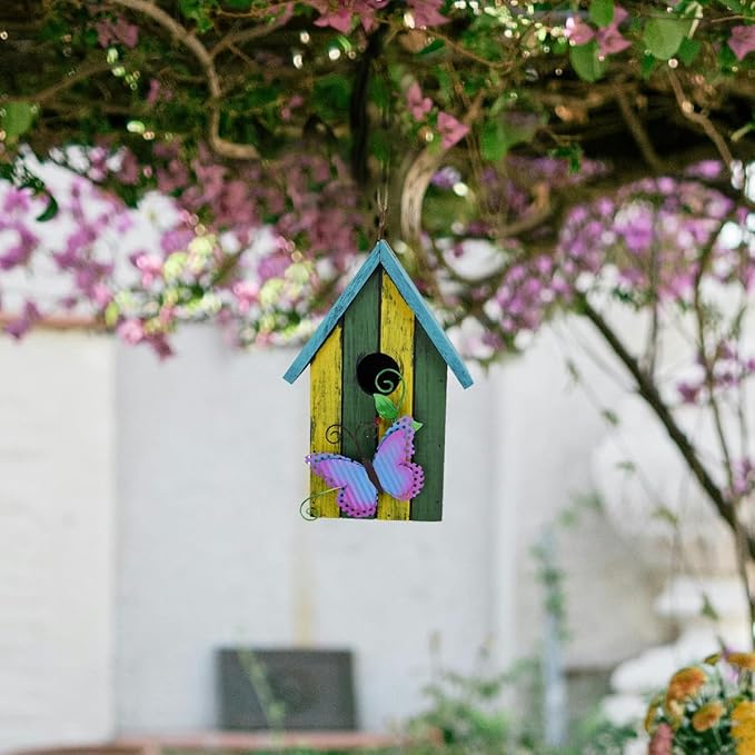 Bird House for Outside Hanging Rustic Wood Bird House Outdoor Garden Patio Hand Painted Decorative Birdhouse for Finch Bluebirds Sparrows Chickadees Cardinal (Butterfly)