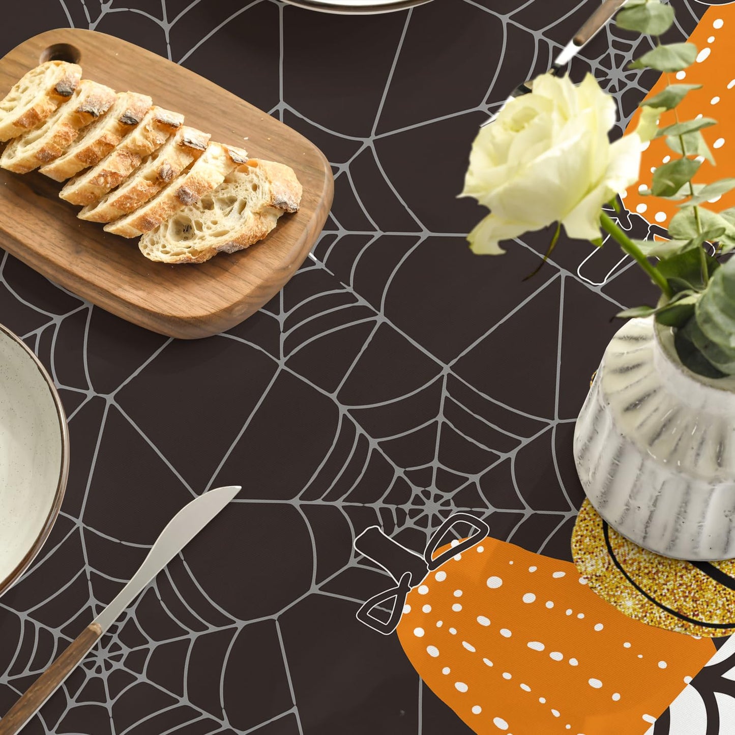 Horaldaily Halloween Tablecloth 70x70 Inch Round, Jack-O-Lantern Pumpkin Cobweb Scary Themed Black Washable Table Cover for Party Picnic Dinner Decor