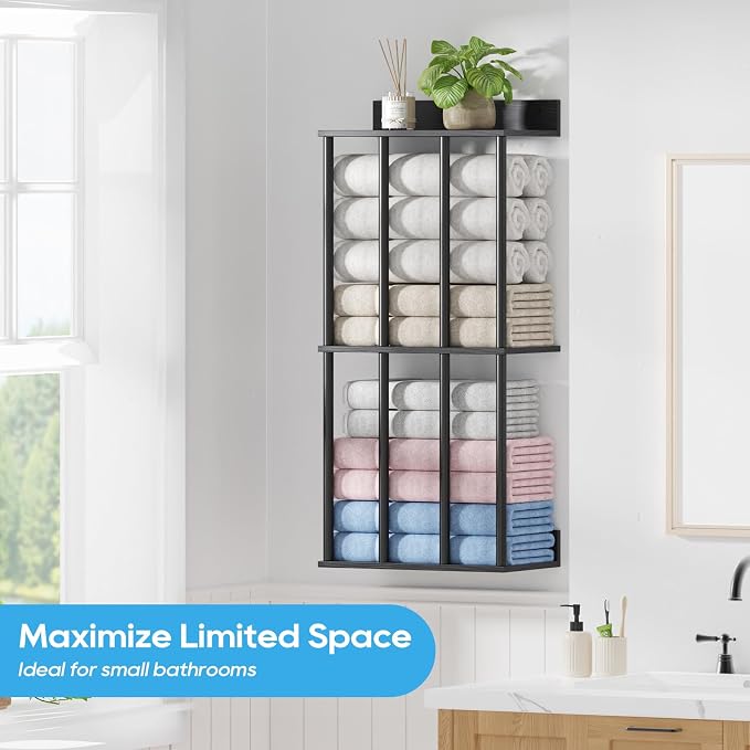 Towel Racks for Bathroom Wall Mounted, Updated 4 Bar Wall Towel Holder | Large Bathroom Towel Storage Rack for Rolled Towels, Modern Metal Towel Organizer Shelf with Wooden Storage Shelf
