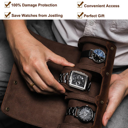 Acidea Genuine Leather Watch Roll Travel Case, Travel Watch Case for Men, Leather 3-Watches Roll Case for Bracelets, Portable Watch Storage Organizer with Removable Pillows