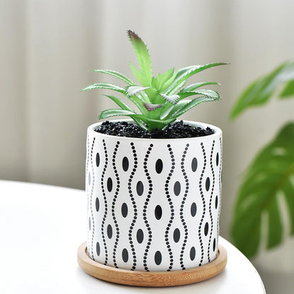 Succulent Pots, 3.5 Inch Small Succulent Planters with Drainage for Plants Live, Hand-Painted Ceramic Pot Flower Pots Bonsai Pots with Bamboo Tray, Unique Gifts for Women/Men, 4 Pack (Geometry-2)