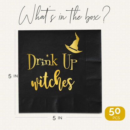 Drink Up Witches Halloween Napkins, 52 Pcs Halloween Cocktail Napkins For Decoration, Dinner, Beverage and Spooky Witch Party Supplies - Ideal Disposable Cocktail Napkin For Drink Party Decor