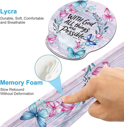 Keyboard Wrist Rest and Mouse Wrist Rest Pad with Cup Coaster,Made of Memory Foam,Ergonomic Support,Easy-Typing and Pain Relief,for Gaming Office Home Computer,with God All Things are Possible Floral