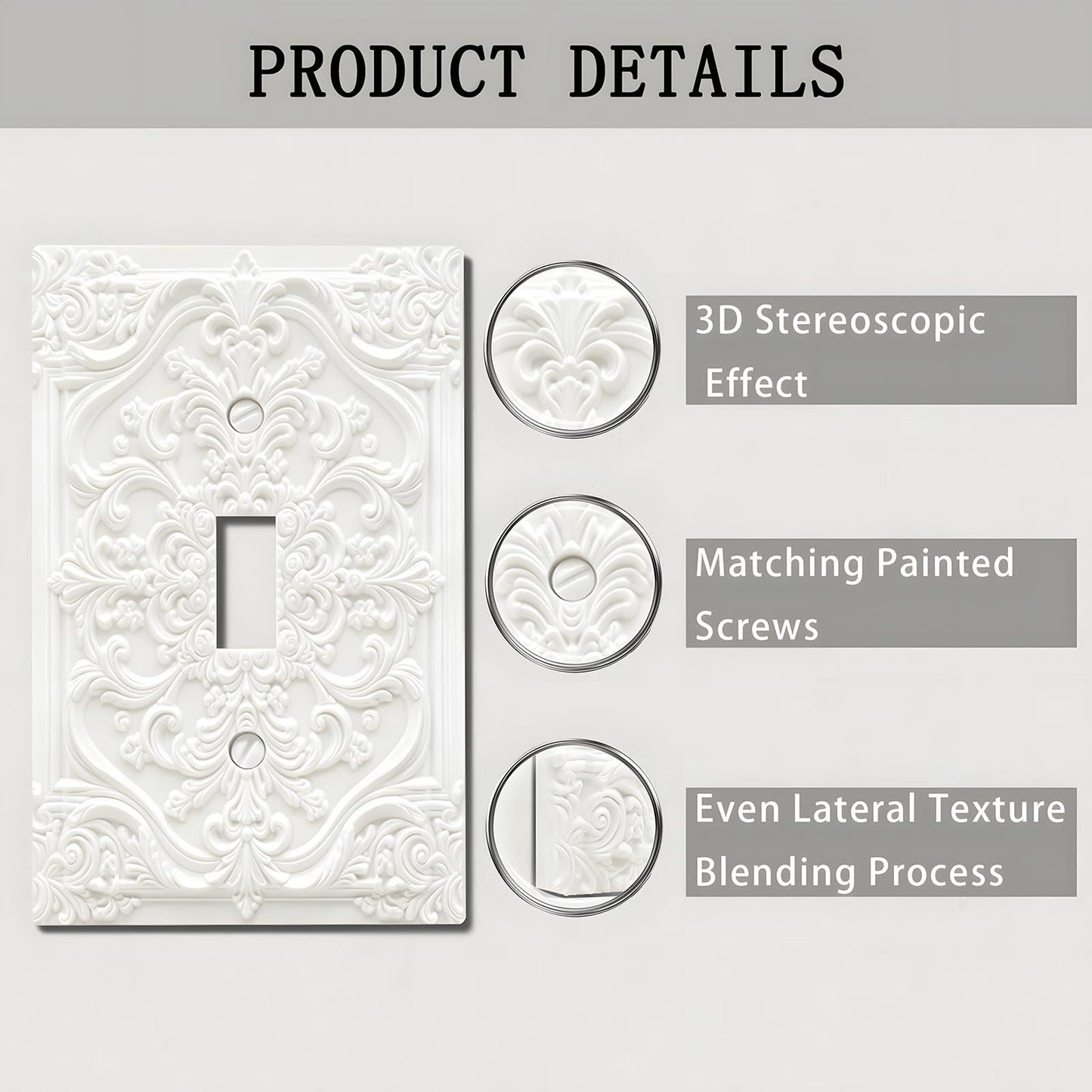 Wpshijia Decorative Light Switch Plate Covers Chalk White 3D Floral Embossed 1 Gang Light Switch Cover Plate Single Toggle Wall Plate Outlet Covers Faceplate for Bedroom Home Decor