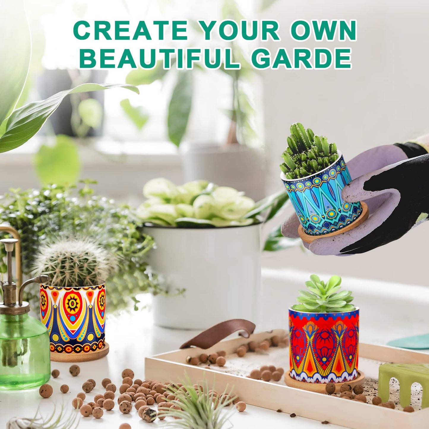 Zopeal 8 Pcs 3 Inch Succulent Planter Pot Ceramic Cactus Pots with Drainage Holes and Bamboo Trays for Indoor Plants Flowers for Home Garden Mexican Party Decor