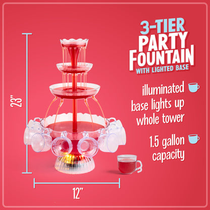 Nostalgia 3-Tier Party Fountain, Holds 1.5 Gallons, LED Lighted Base, Includes 8 Reusable Cups, 1.5 Gallon, Clear