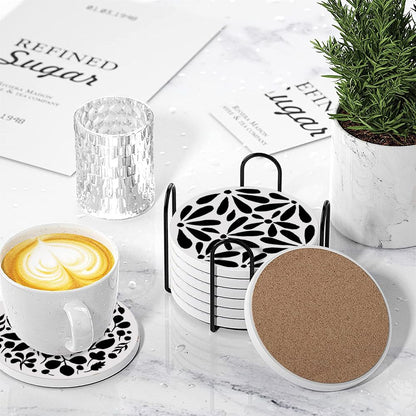 Aowced Drink Absorbent Coasters with Holder Set of 6, Ceramic Stone with Cork Base, Modern Black White Abstract Geometric Coaster for Drinks, Gift for Housewarming Room Bar Home Decor Kitchen